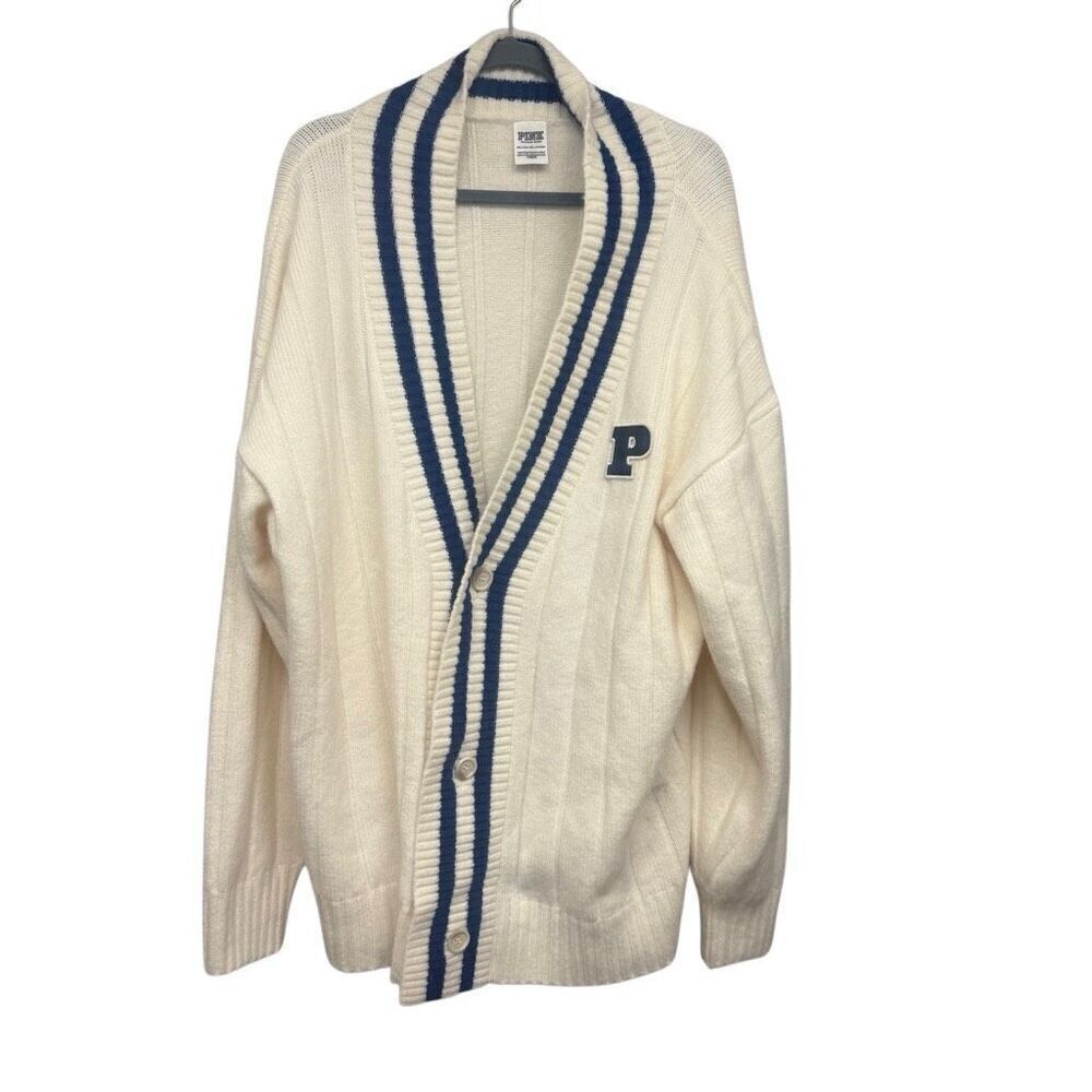 Pink Victoria secret blue and white varsity cardigan sweater size 2xl